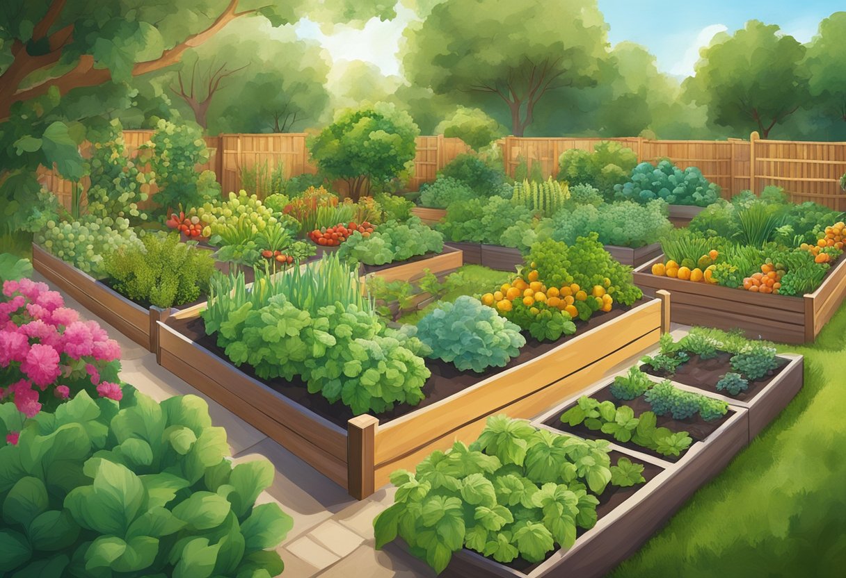 A vibrant garden with a variety of fruits, vegetables, and herbs growing in raised beds and pots, surrounded by a peaceful and serene environment