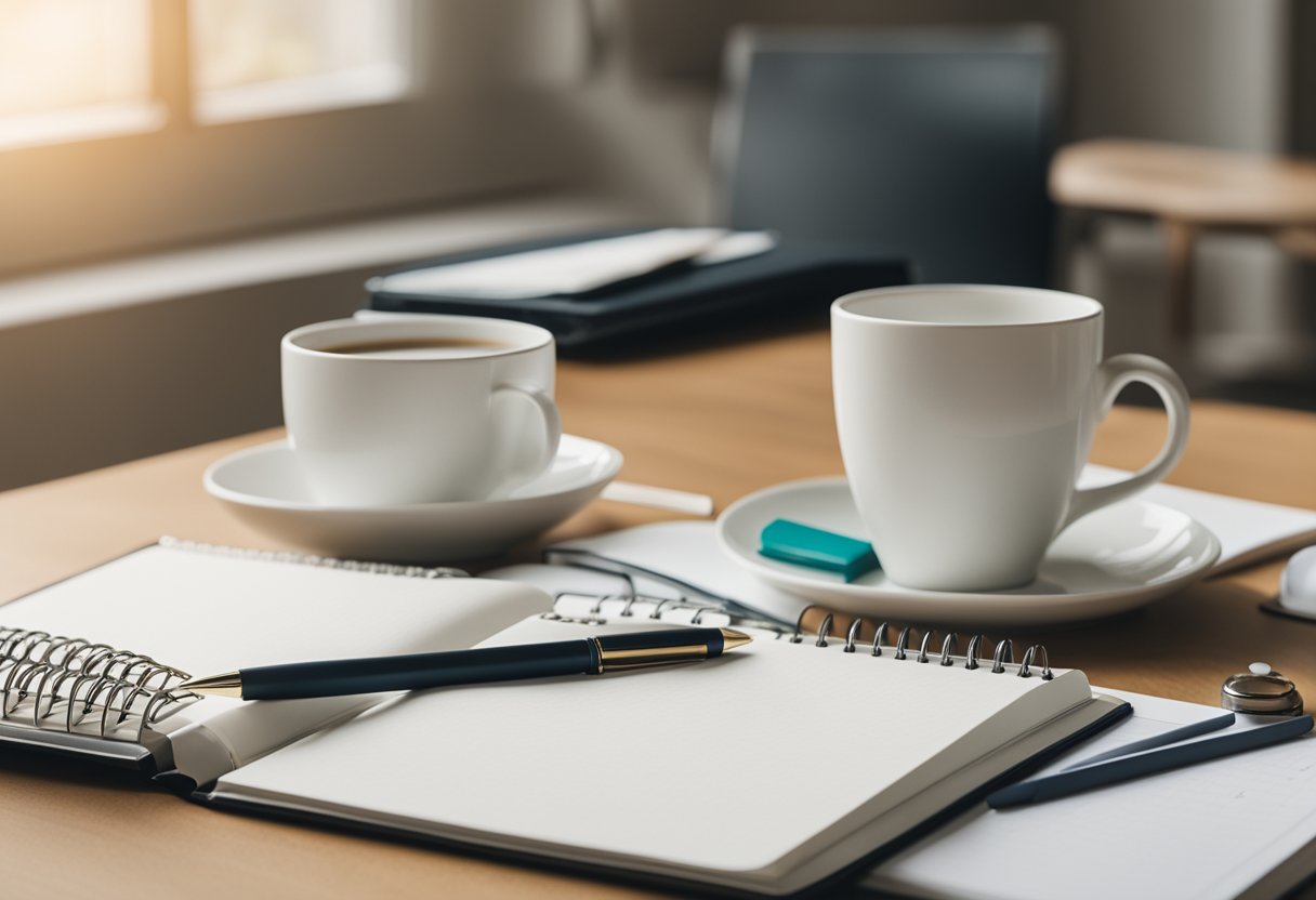 A neatly arranged desk with a calendar, notebook, and pen. A mug of tea sits next to a stack of books on cancer survival