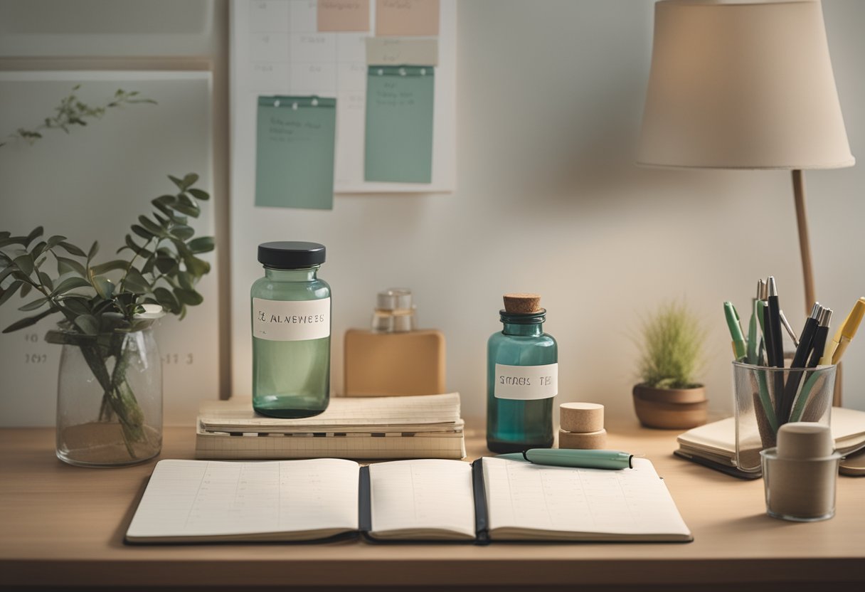 A desk with folders, a calendar, and a journal. A laptop with open tabs on cancer resources. A water bottle and a plant for a peaceful environment