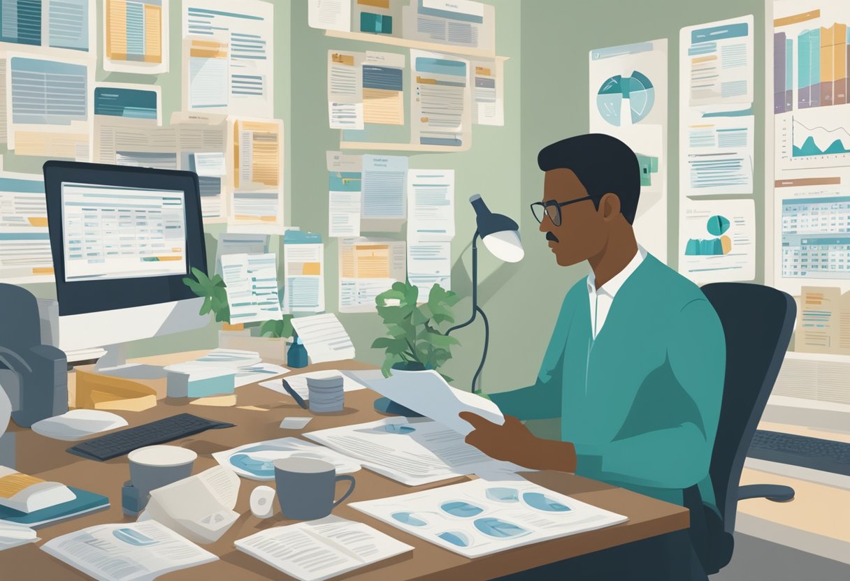 A man sits at a desk, surrounded by medical documents and a calendar. He is using a computer to research healthcare options and treatment plans