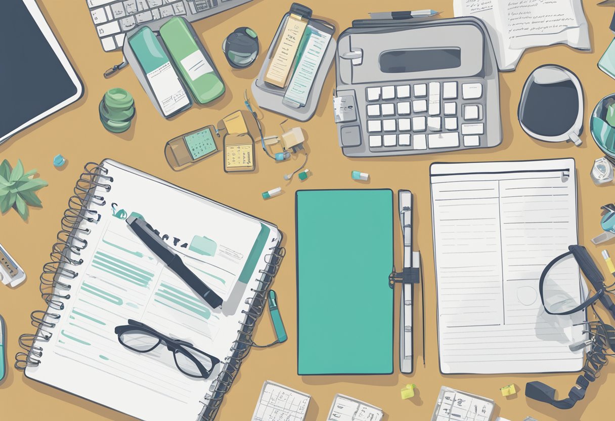 A cluttered desk with a planner, medication bottles, and a support group flyer