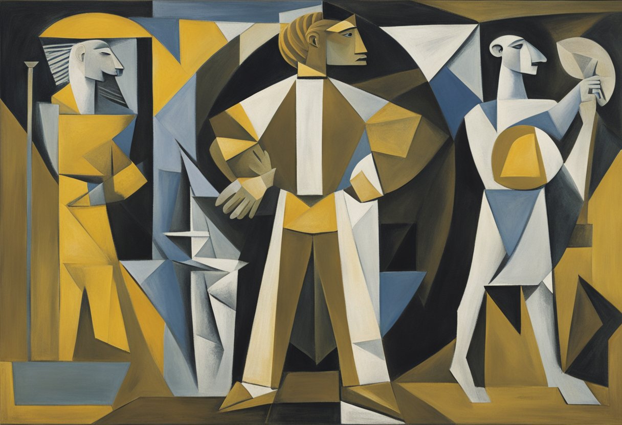 A male figure standing strong, surrounded by symbols of strength and resilience - a shield, a sword, and a roaring lion