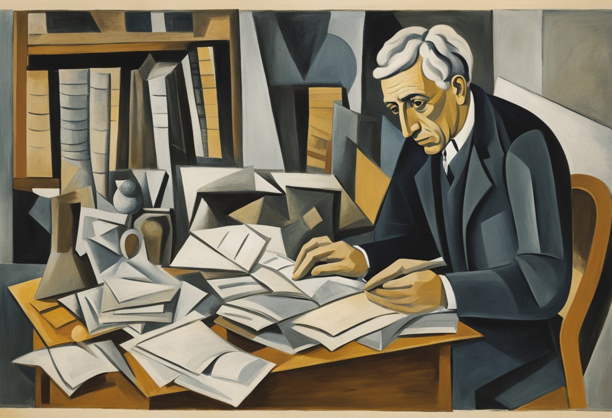 A determined figure researching treatment options, surrounded by medical papers and books, with a strong, confident stance