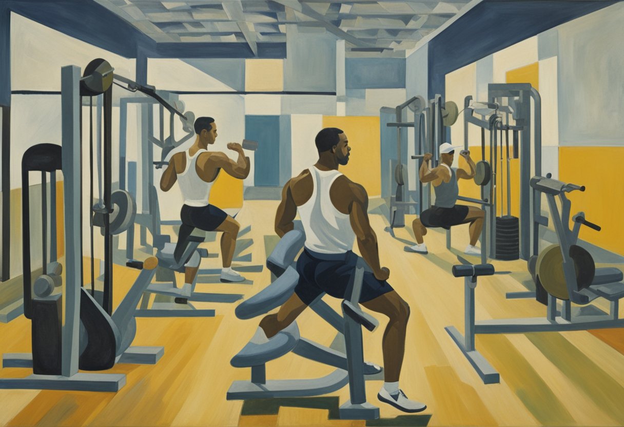 A male figure in athletic attire performing resistance exercises with various gym equipment in a bright, spacious training facility