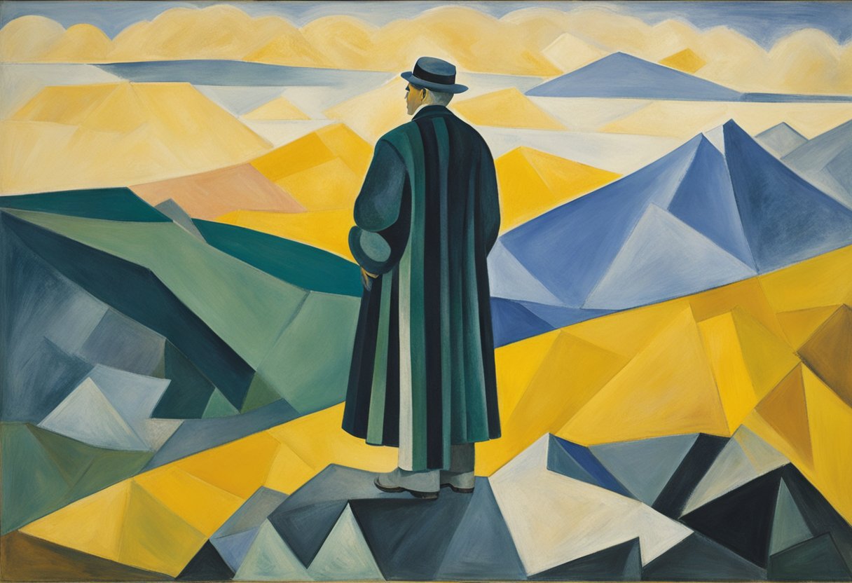 A man standing on a mountaintop, looking out at the sunrise, with a sense of strength and hope in his posture