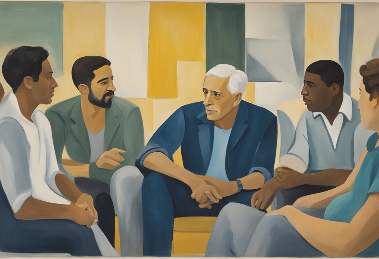 A man sits alone in a quiet room, surrounded by comforting objects like books, plants, and soft lighting. He gazes out the window, deep in thought, as he processes the emotional impact of his cancer journey