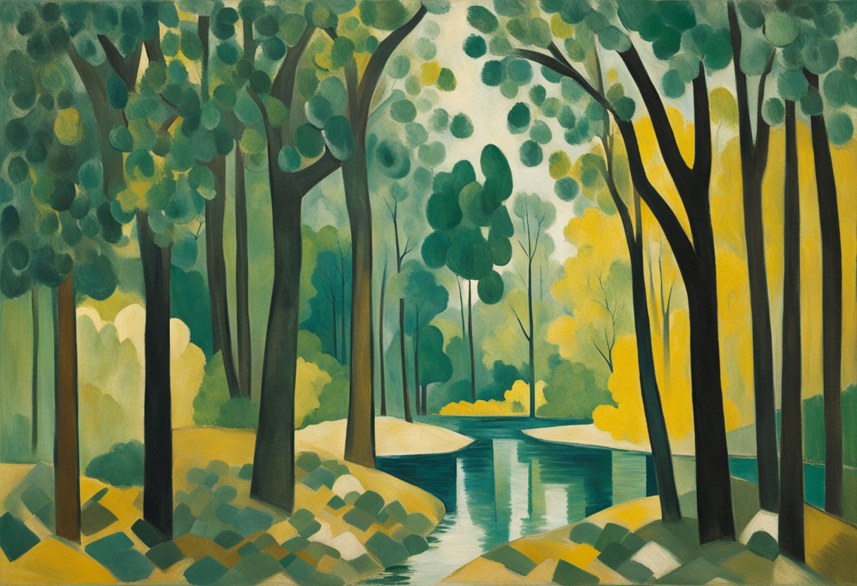 A serene forest clearing with a lone tree, sunlight filtering through the leaves, and a small stream flowing nearby, evoking a sense of peace and contemplation