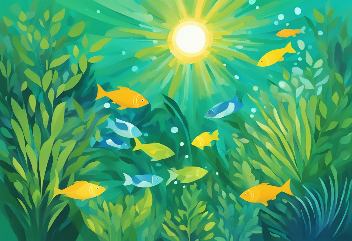 A serene ocean with fish swimming, surrounded by vibrant green plants and a shining sun overhead