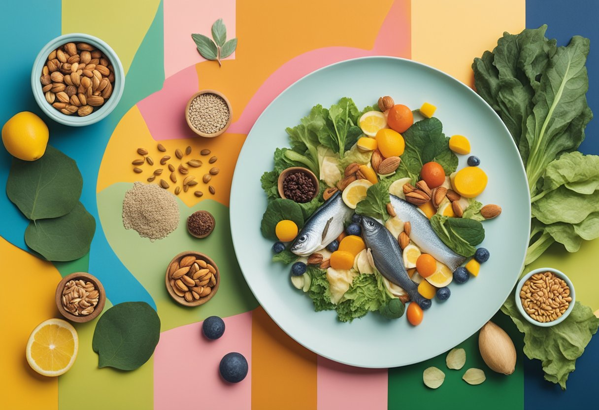 A colorful plate with a variety of foods, including fish, nuts, seeds, and leafy greens, arranged in a balanced and visually appealing manner