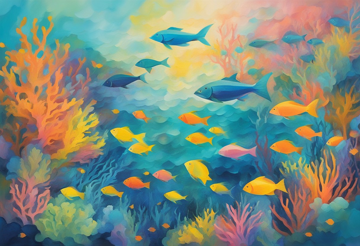 A serene ocean with fish swimming among colorful coral reefs