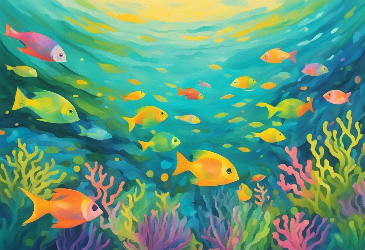 A serene ocean with a school of colorful fish swimming among vibrant coral reefs, surrounded by lush green seaweed and sparkling water