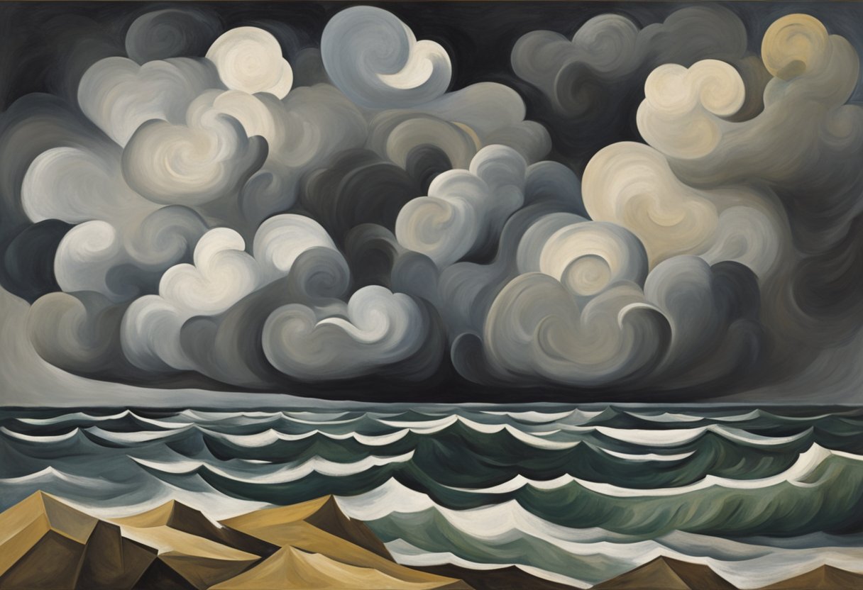 A figure stands strong amidst swirling storm clouds, symbolizing resilience and strength in the face of adversity