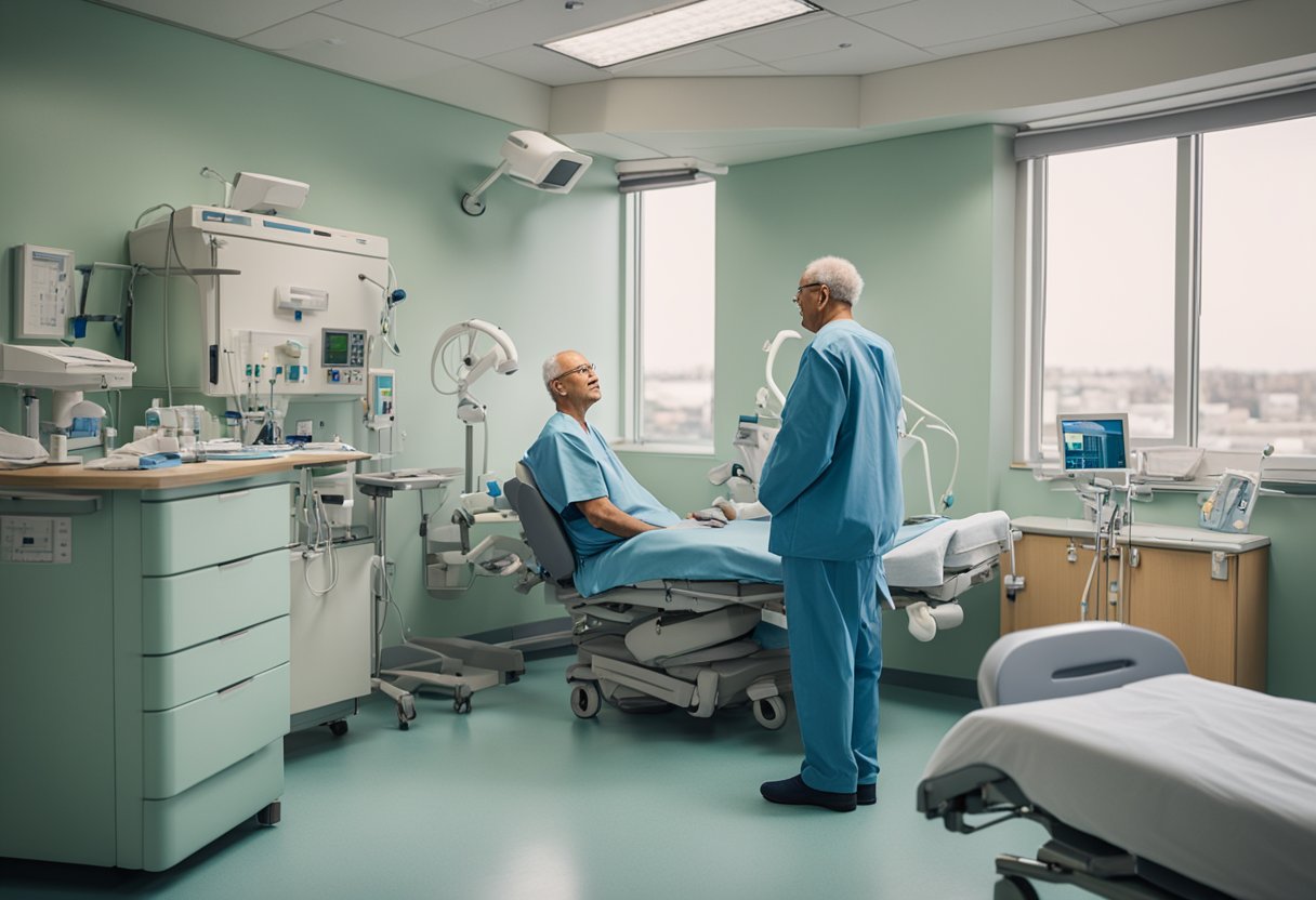 A man sits in a hospital room, surrounded by medical equipment. He is engaged in conversation with healthcare professionals, showing resilience and adaptability in navigating his cancer treatment journey