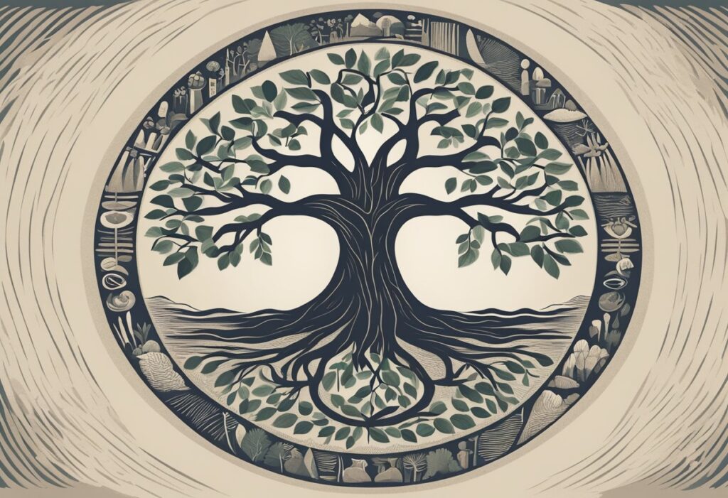 A group of diverse individuals gather in a circle, symbolizing unity and support. A tree with deep roots represents resilience and adaptability