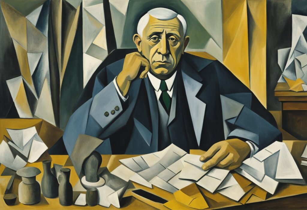 A determined figure sits at a desk surrounded by legal and financial documents, with a look of resolve and determination on their face