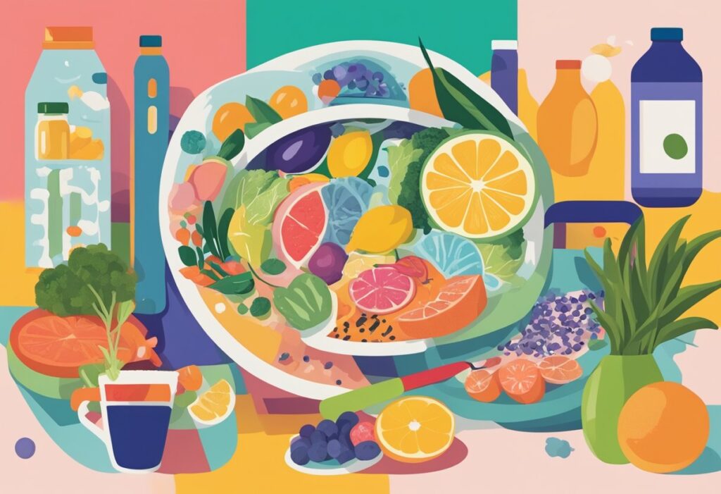 A colorful plate with various foods rich in omega-3 fatty acids, surrounded by cancer survivor essentials like water, exercise equipment, and supportive literature