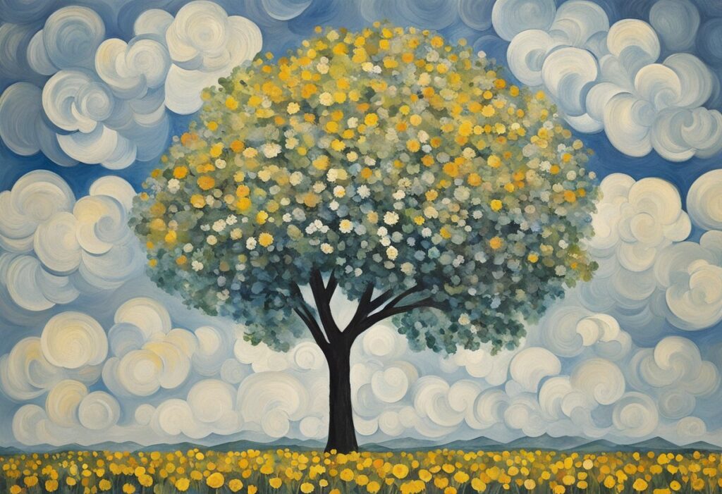 A lone tree stands resilient in a field of wildflowers, symbolizing the strength and perseverance of a male cancer survivor