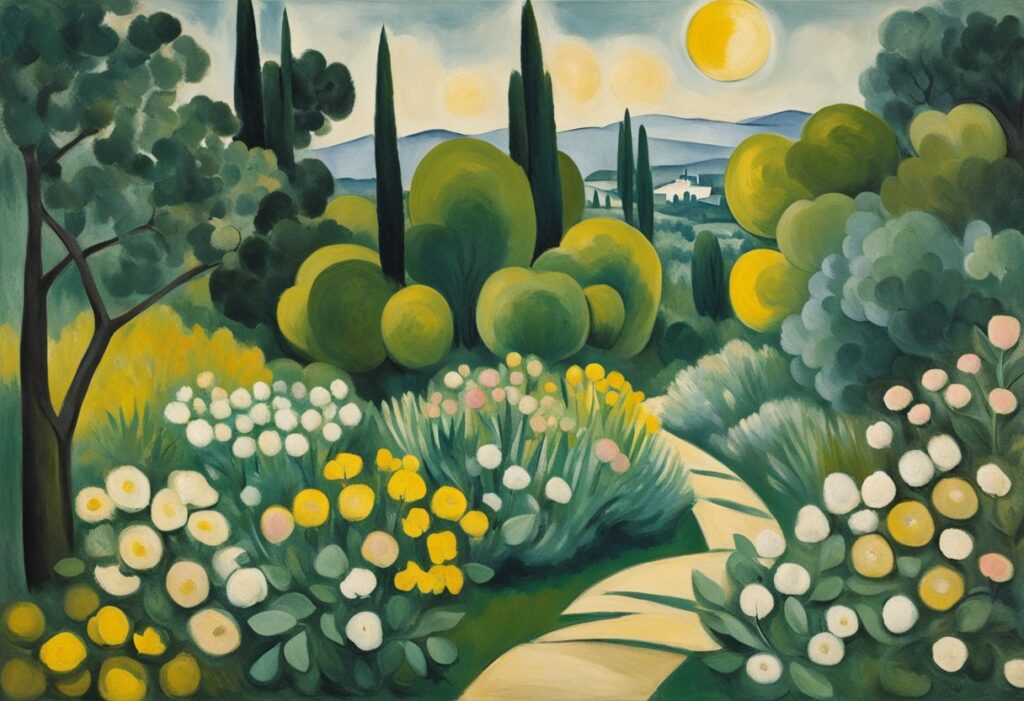 A serene landscape with a winding path leading towards a glowing horizon, surrounded by lush greenery and blooming flowers