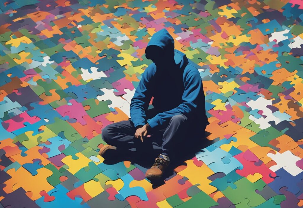 A lone figure sits among scattered puzzle pieces, some completed, some broken, surrounded by a spectrum of emotions