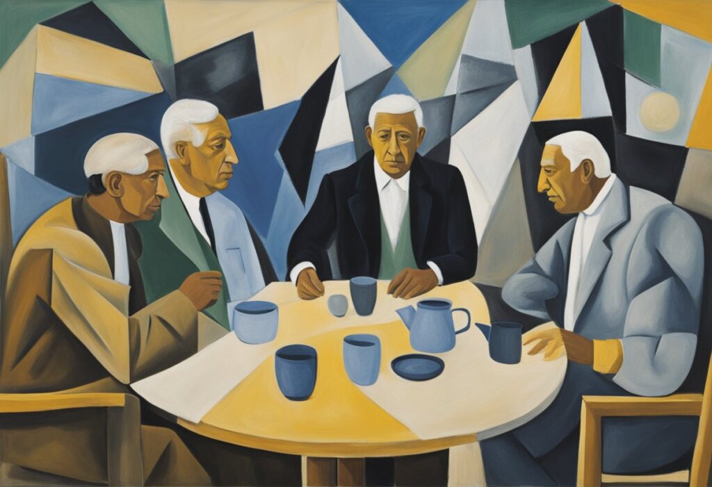 A group of diverse individuals engage in a heated debate, symbolizing the ongoing discussion about the "new normal." The focal point is a confident male cancer thriver, representing resilience and strength