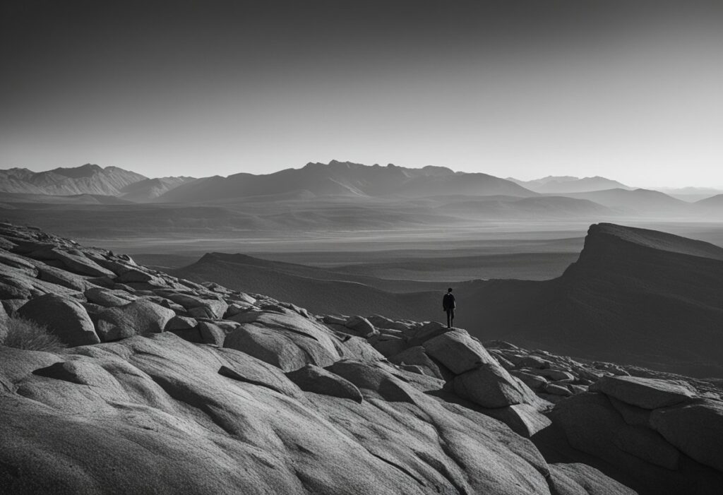 A lone figure stands tall, casting a shadow across a rocky landscape, symbolizing strength and resilience