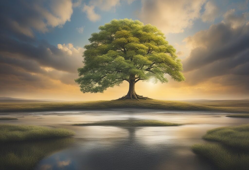 A lone tree stands tall, its roots firmly anchored in the ground as it withstands the changing seasons and weather, symbolizing resilience and strength