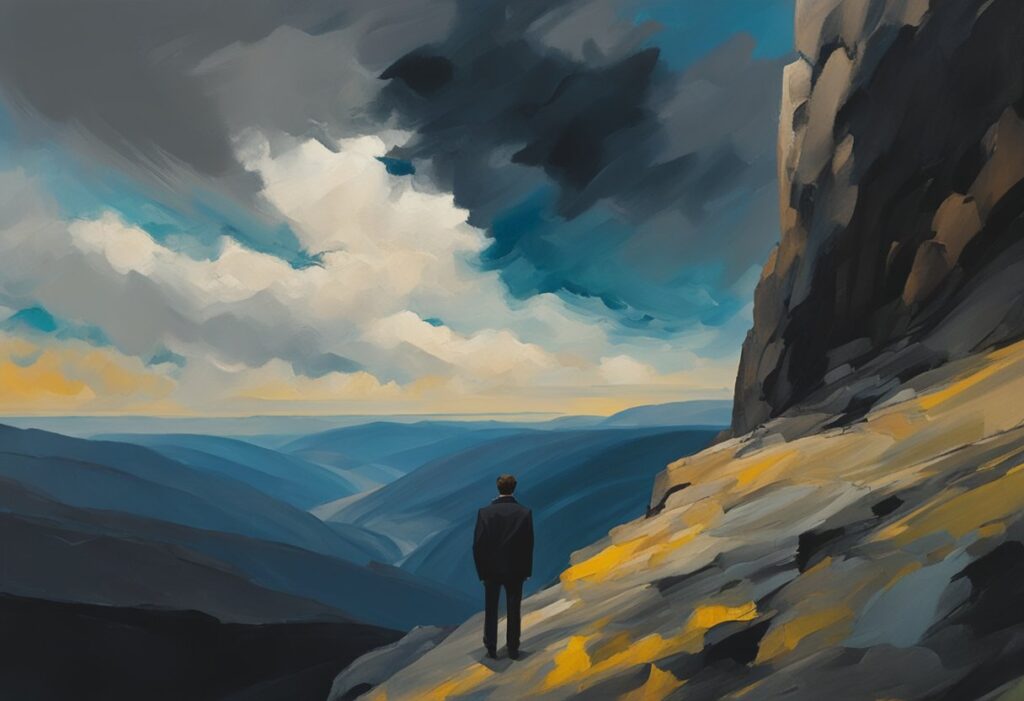 A male figure stands at the edge of a cliff, looking out at a vast and rugged landscape. The sky is filled with dark clouds, hinting at the challenges ahead