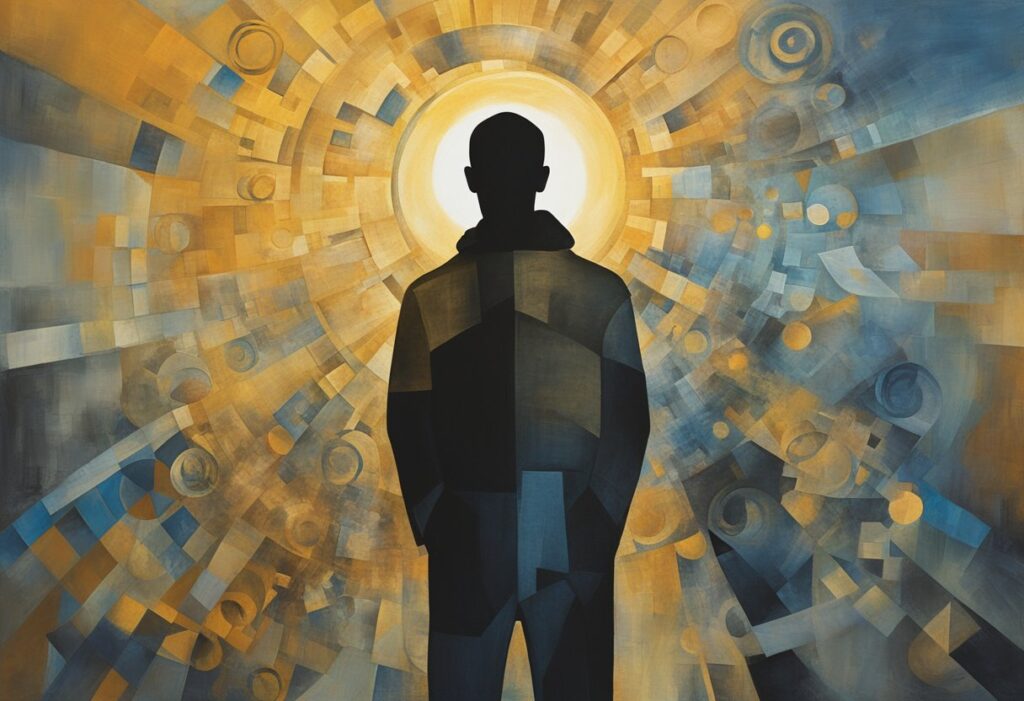 A male figure standing strong, surrounded by symbols of strength and resilience. A sun rising in the background symbolizes a new beginning