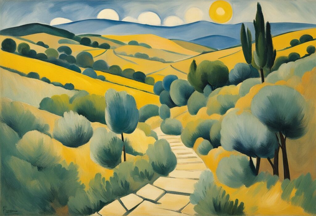 A serene mountain path with a winding trail leading to a sunrise over the horizon