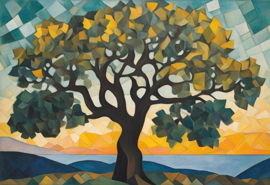 A serene nature scene with a strong tree standing tall amidst a calming sunset, symbolizing mental wellness and resilience