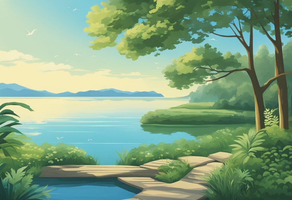 A serene and peaceful setting with elements of nature, including a calm body of water, lush greenery, and a clear blue sky