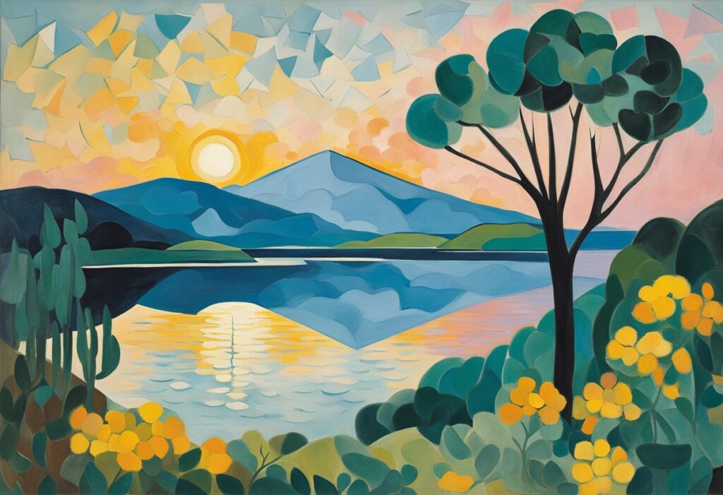 A serene landscape with a vibrant sunrise over a calm lake, surrounded by lush greenery and blooming flowers. A lone tree stands tall, symbolizing strength and resilience