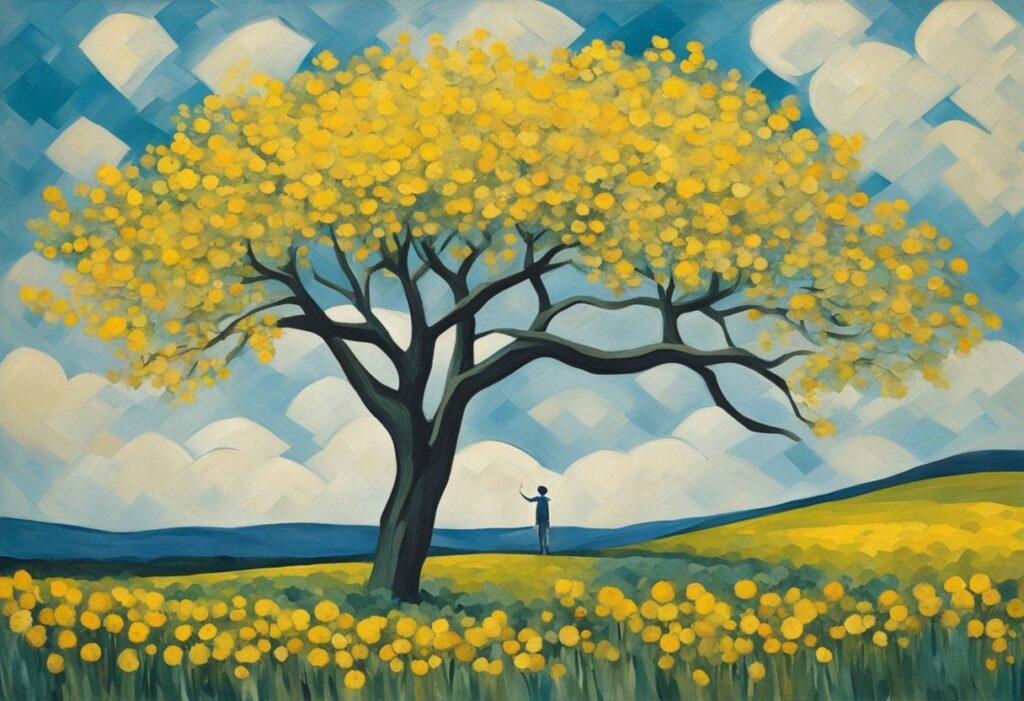 A lone tree stands tall in a field of wildflowers, symbolizing resilience and growth after overcoming adversity