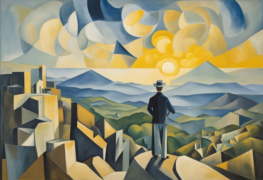 A man stands on a mountain peak, arms outstretched, gazing at the sunrise. The landscape below is rugged, yet filled with life