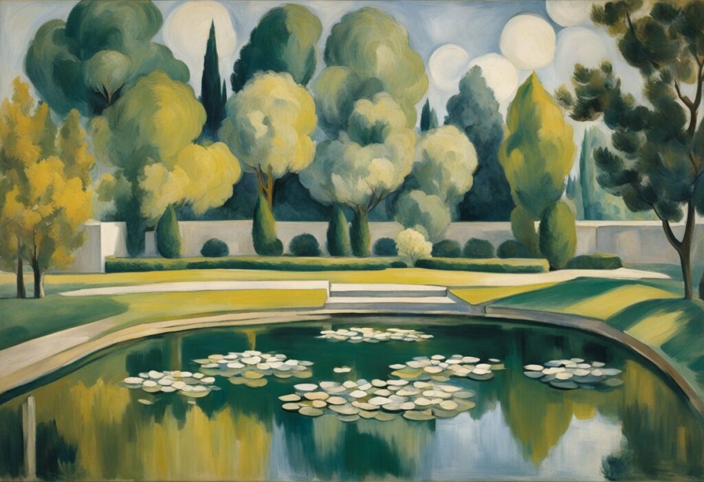 A serene garden with blooming flowers and a peaceful pond, surrounded by supportive friends and family, symbolizing hope and renewal