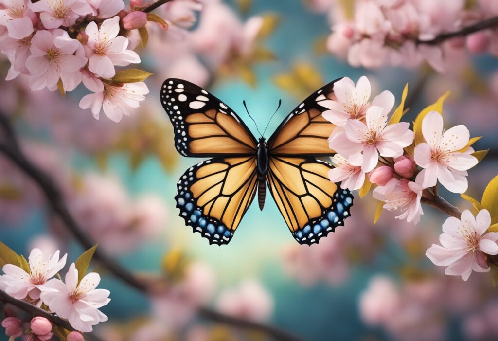 A vibrant garden with a blooming cherry blossom tree, symbolizing hope and renewal, as a butterfly emerges from a cocoon