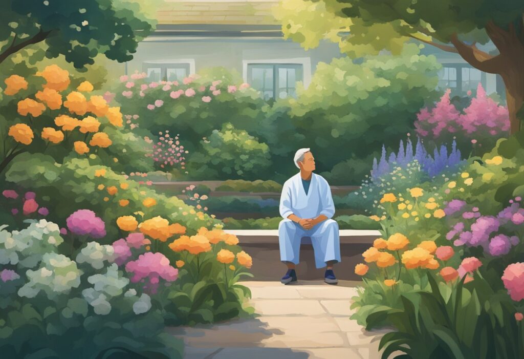 A man in a hospital gown sits in a peaceful garden, surrounded by lush greenery and colorful flowers. He gazes at the serene landscape, finding solace in the natural beauty