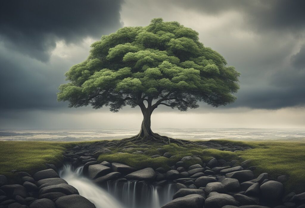 A lone tree stands tall amidst a storm, its roots firmly anchored in the ground as it weathers the turbulent winds and rain
