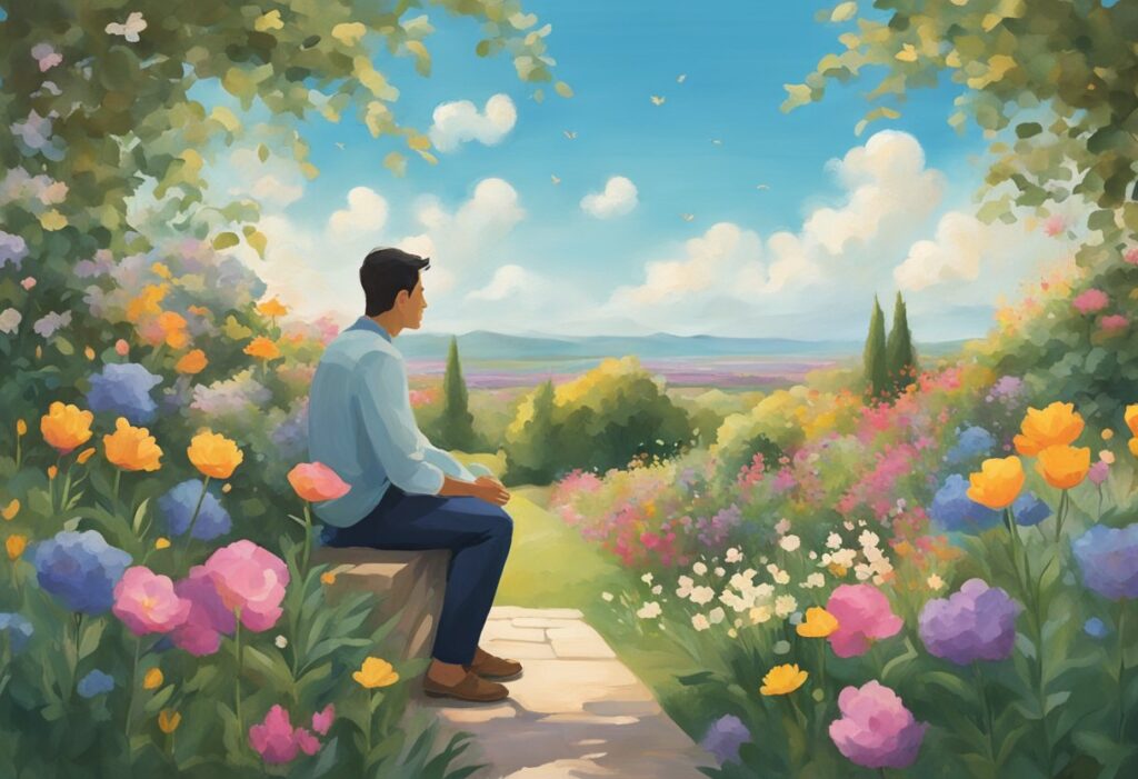 A man sits in a peaceful garden, surrounded by vibrant flowers and a gentle breeze. He gazes at the sky, a sense of calm and gratitude evident on his face