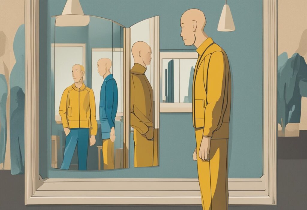 A male figure stands in front of a mirror, his reflection showing a range of emotions - from relief to uncertainty - as he navigates the emotional changes post-cancer treatment