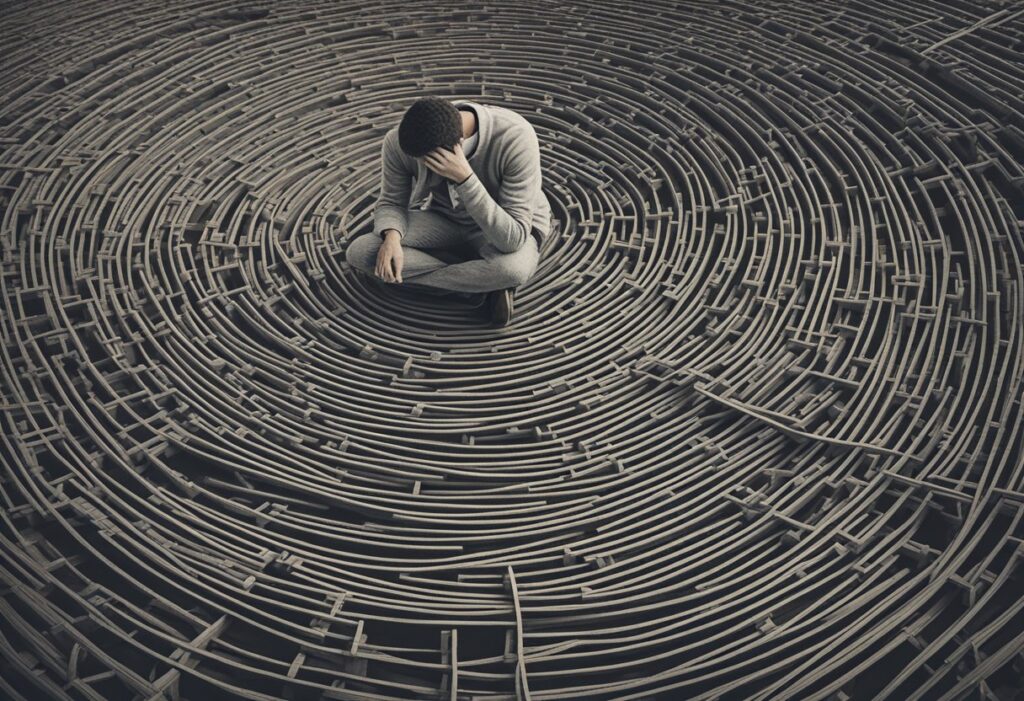 A male figure sits alone, surrounded by a maze of tangled ropes, representing the complexities of navigating relationship challenges while being a Male Cancer Thriver