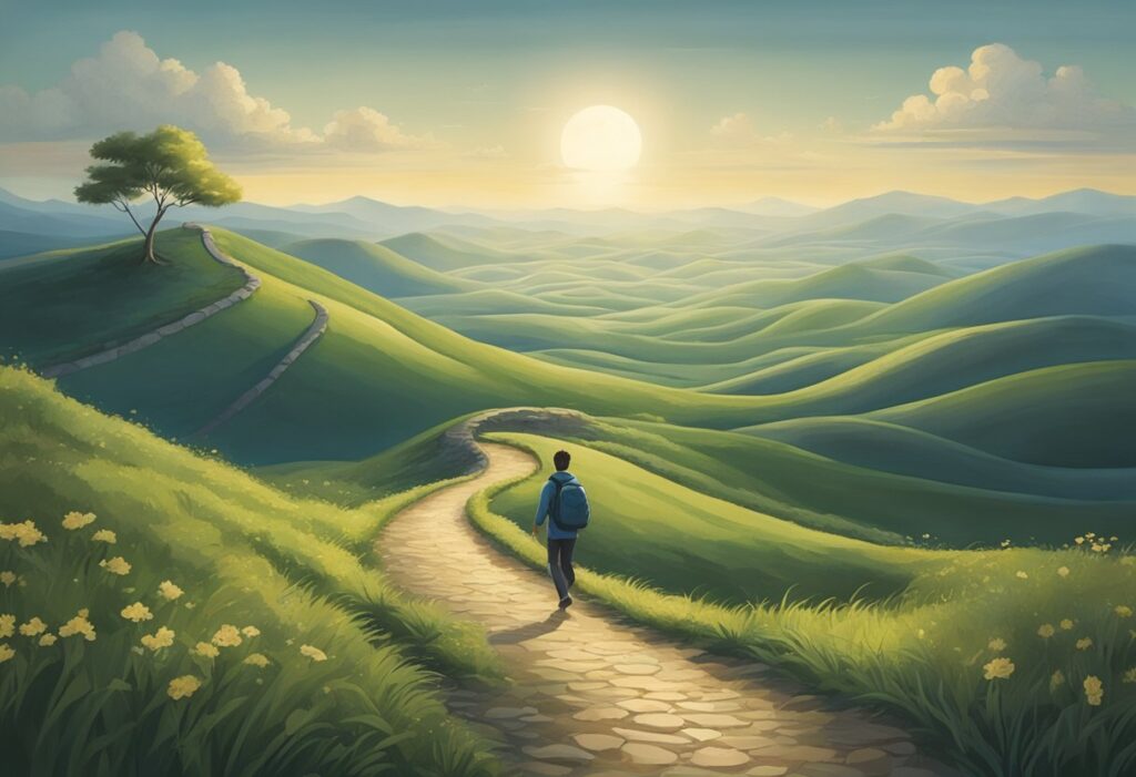 A person walking along a winding path, encountering obstacles and support along the way, with a sense of determination and resilience