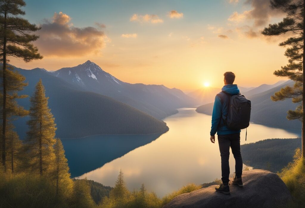 A man stands on a mountain trail, gazing at the sunset over a serene lake, surrounded by trees and wildlife