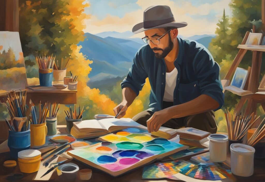 A man painting a vibrant landscape, surrounded by art supplies and a book on photography. His face shows determination and joy
