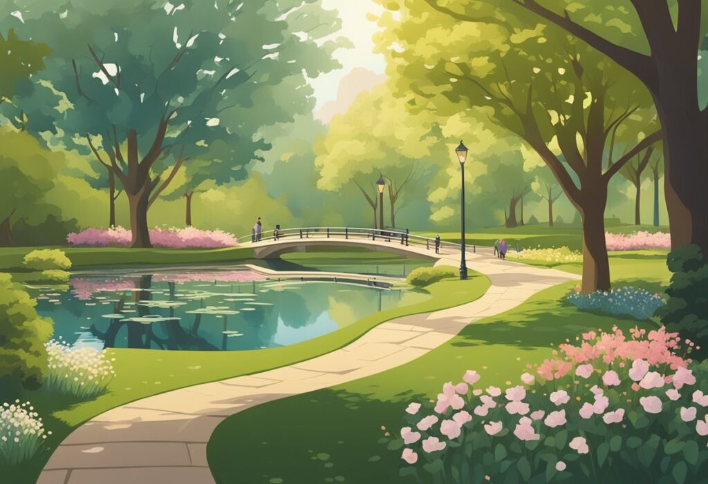 A serene, sunlit park with a winding path, blooming flowers, and a peaceful pond surrounded by trees