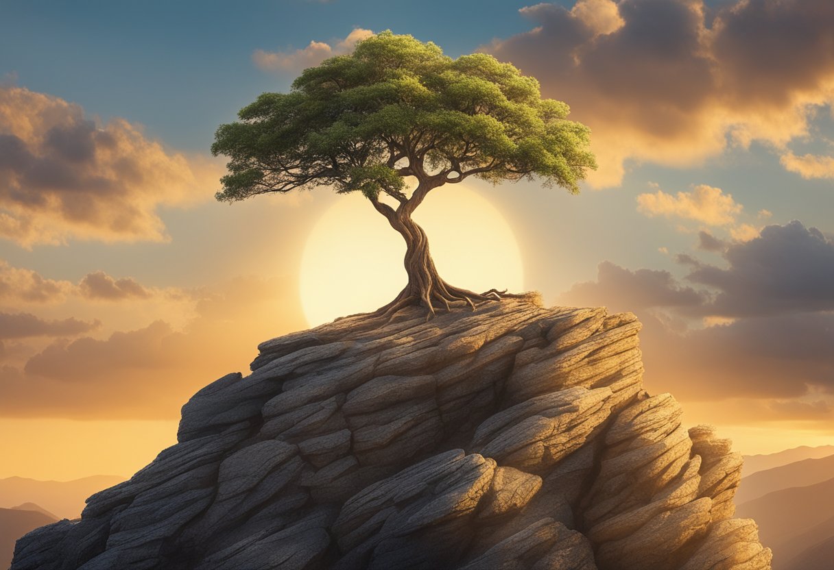 A lone tree stands tall on a rocky cliff, its roots intertwined with the rugged terrain. The sun sets behind it, casting a warm glow on the landscape, symbolizing strength and resilience
