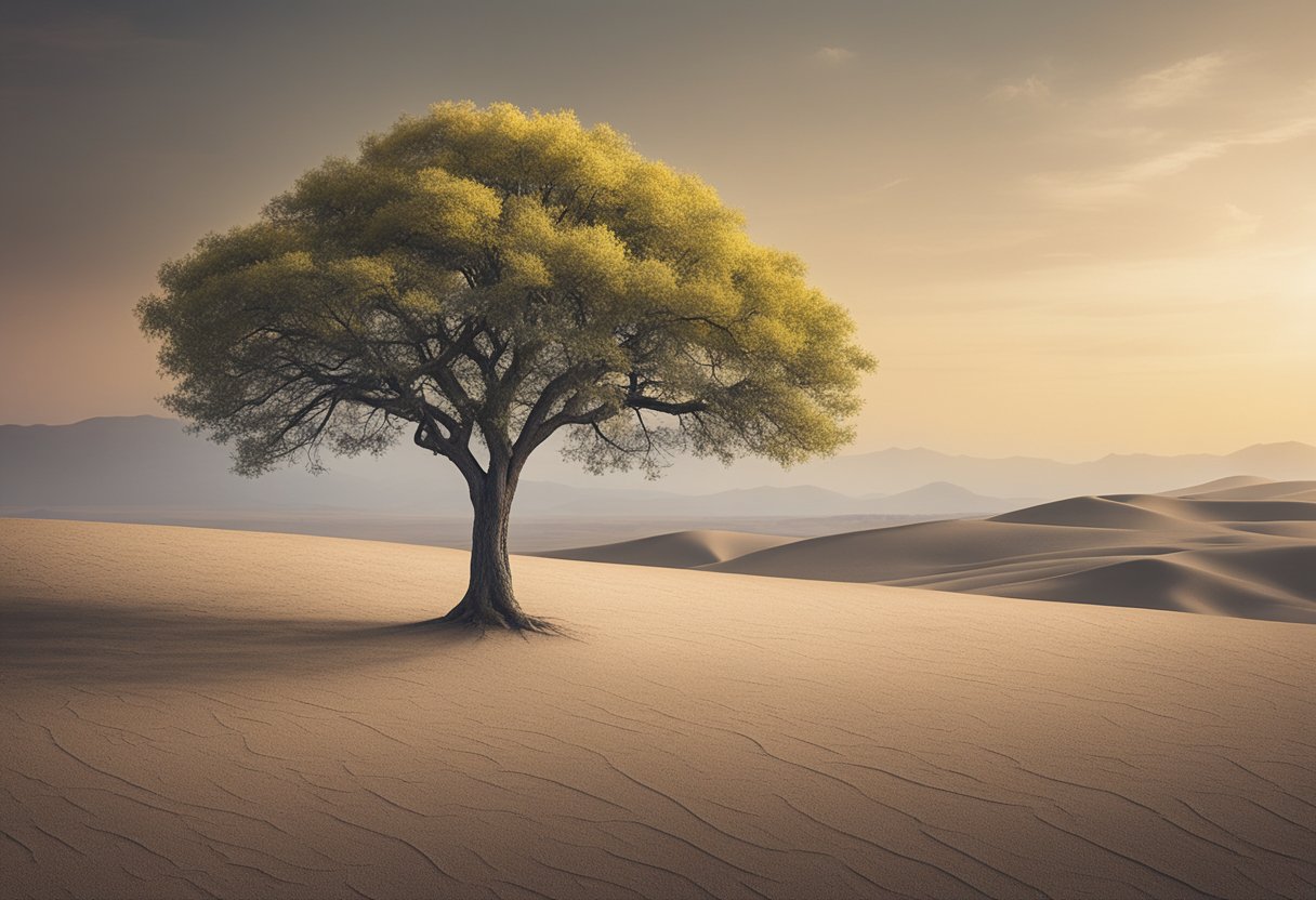 A lone tree standing tall amidst a barren landscape, with a single flower blooming at its base, symbolizing resilience and purpose