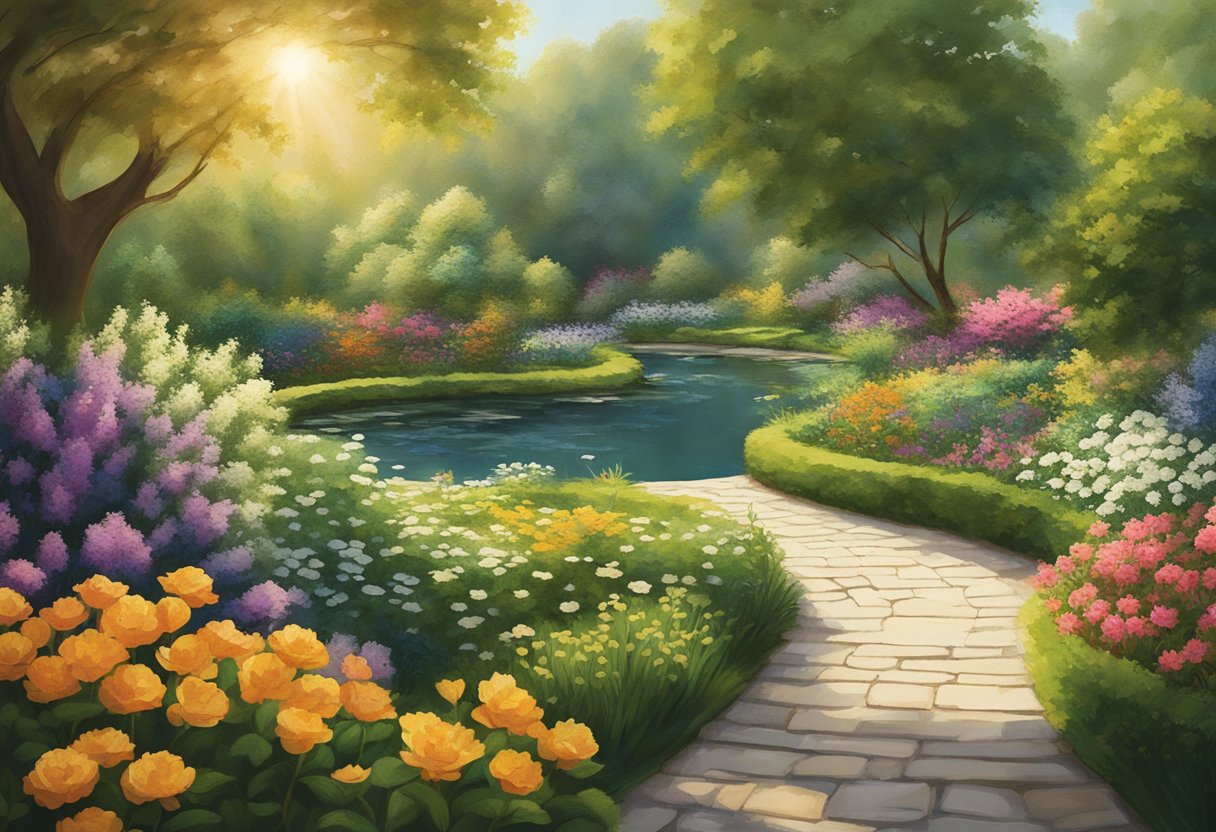 A serene, sunlit garden with a winding path leading to a peaceful pond, surrounded by vibrant flowers and lush greenery