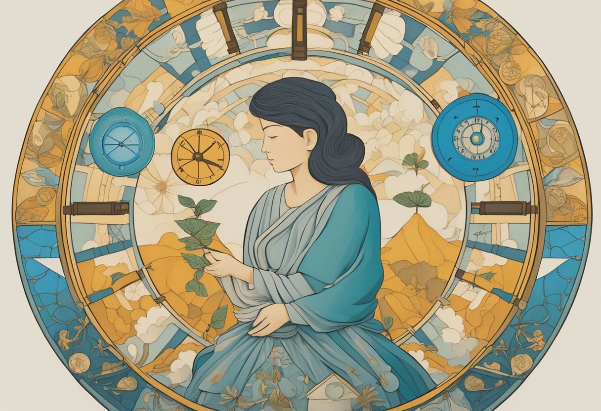 A serene figure surrounded by symbols of time and life, with a sense of determination and hope emanating from the scene