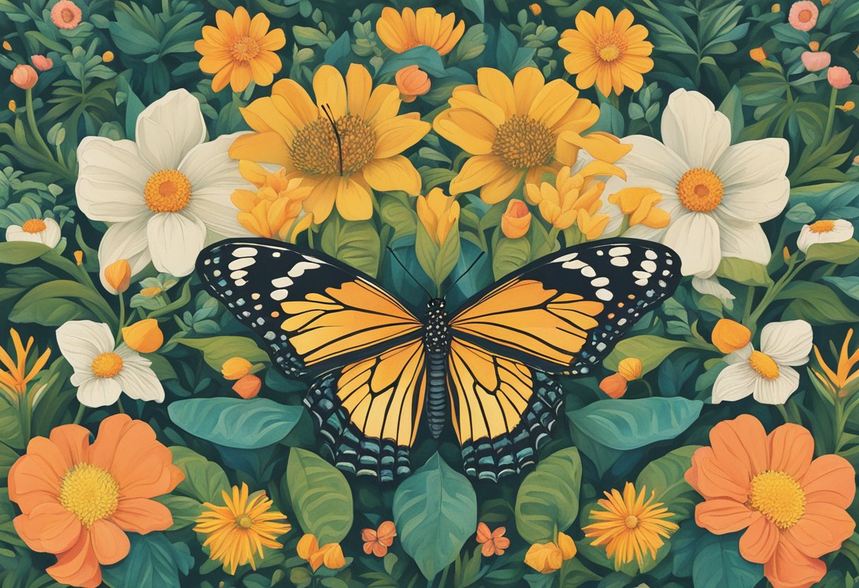 A butterfly emerging from a cocoon, surrounded by vibrant flowers and greenery